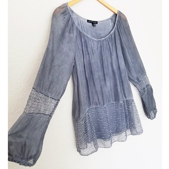 Saks Fifth Avenue Silk Blend Blouse S Blue Gray Crochet Sequins Italy Lagenlook - Picture 9 of 16